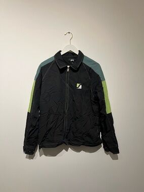 Stussy Black Jacket with Green Shoulder Panels - Men's Zip-Up Coat